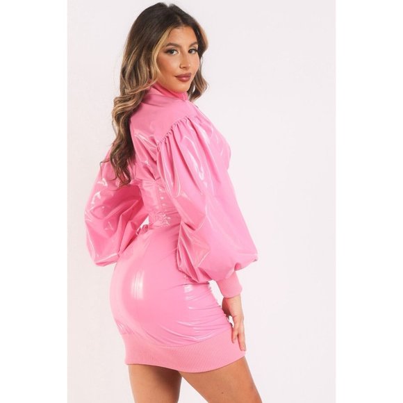 Women's Bodycon Leather Shiny Latex Bubble Sleeved Zipper Short length Dress - Picture 2 of 10